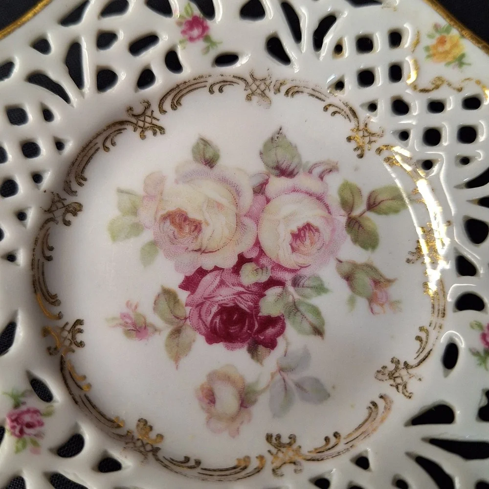 Schumann Arzberg Germany Reticulated Porcelain Nut Dish Rose Floral Gold Trim 5